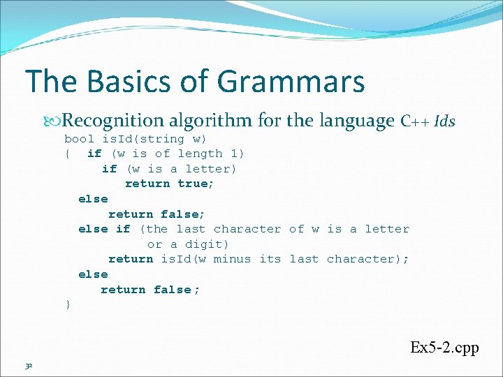 The Basics of Grammars Recognition algorithm for the language C++ Ids bool is. Id(string