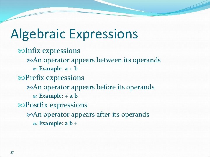 Algebraic Expressions Infix expressions An operator appears between its operands Example: a+b Prefix expressions