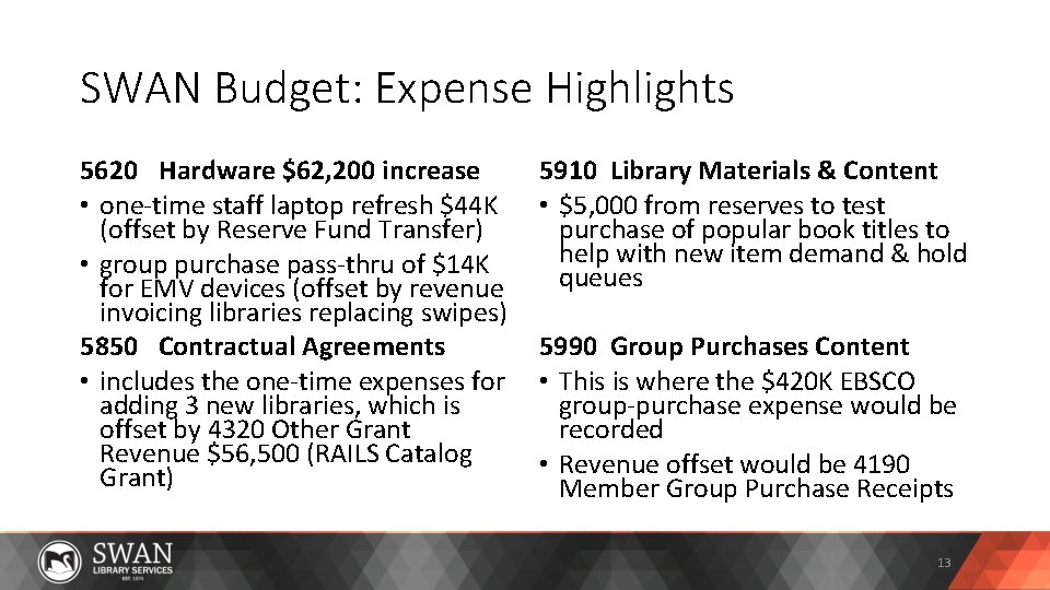 SWAN Budget: Expense Highlights 5620 Hardware $62, 200 increase • one-time staff laptop refresh