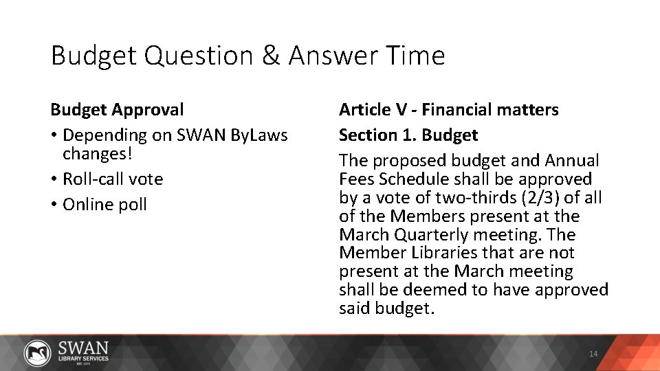 Budget Question & Answer Time Budget Approval • Depending on SWAN By. Laws changes!