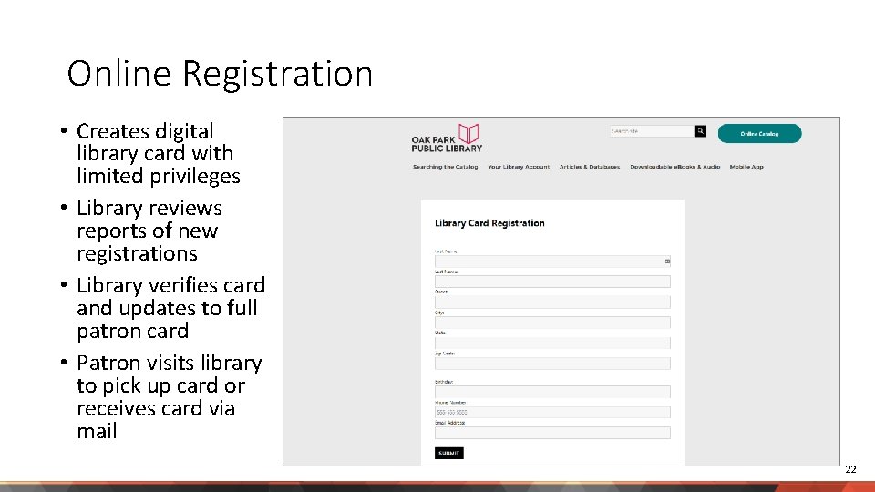 Online Registration • Creates digital library card with limited privileges • Library reviews reports