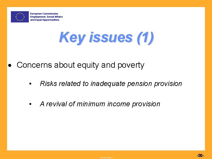 Key issues (1) Concerns about equity and poverty • Risks related to inadequate pension