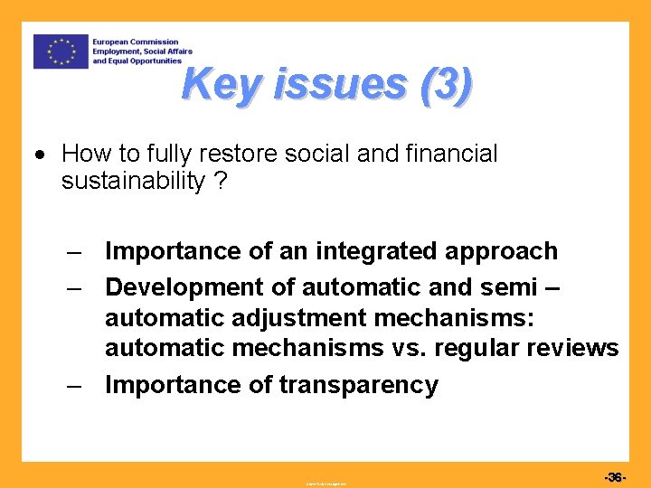 Key issues (3) How to fully restore social and financial sustainability ? – Importance