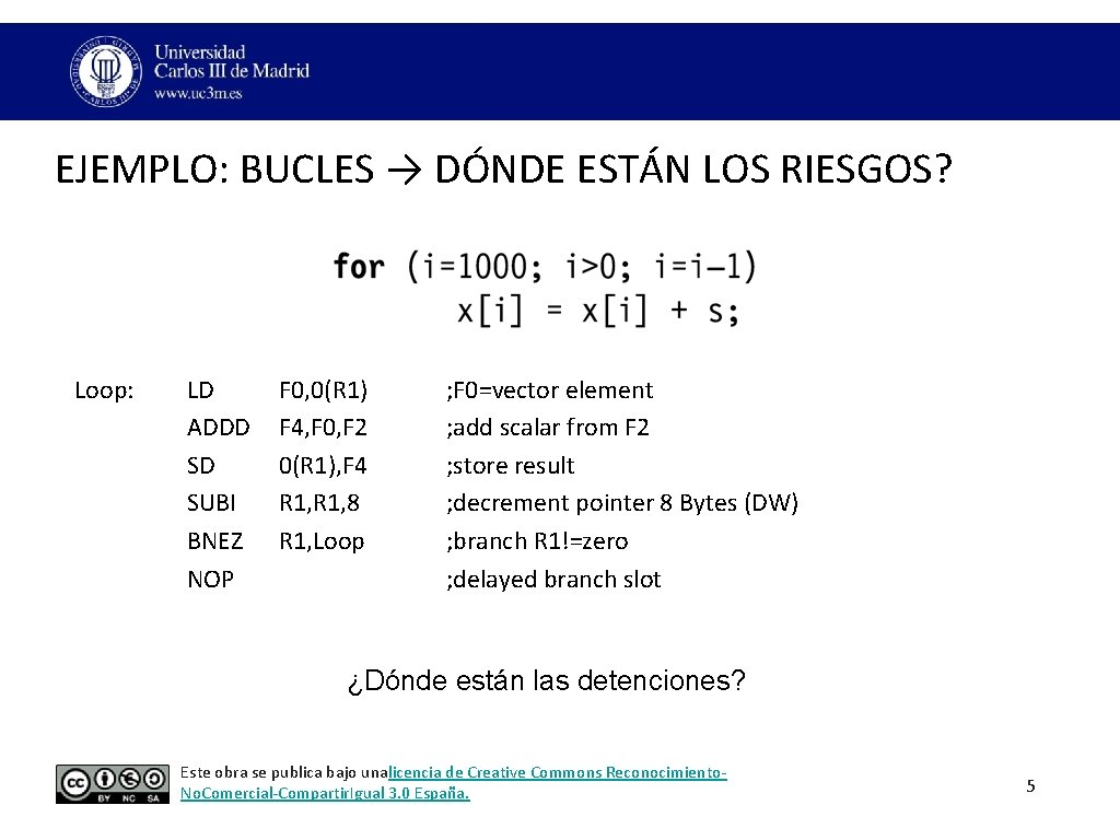 EJEMPLO: BUCLES → DÓNDE ESTÁN LOS RIESGOS? Loop: LD ADDD SD SUBI BNEZ NOP