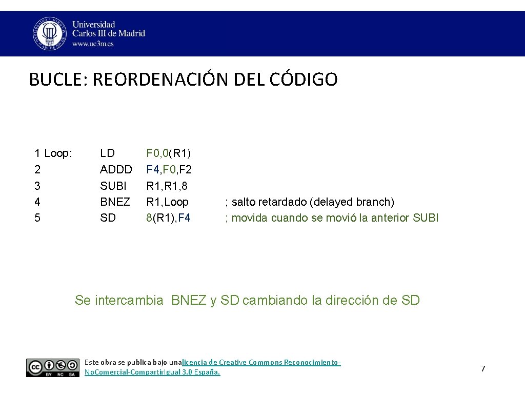 BUCLE: REORDENACIÓN DEL CÓDIGO 1 Loop: 2 3 4 5 LD ADDD SUBI BNEZ