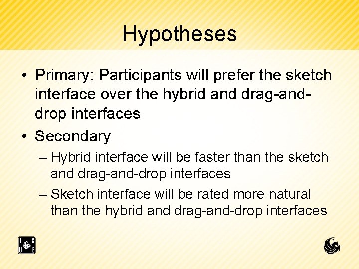 Hypotheses • Primary: Participants will prefer the sketch interface over the hybrid and drag-anddrop