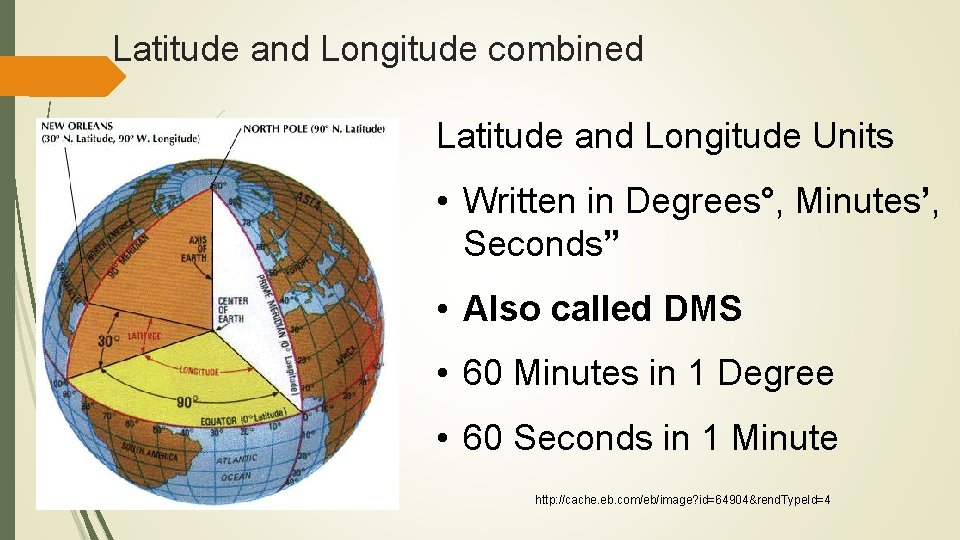 Latitude and Longitude combined Latitude and Longitude Units • Written in Degrees°, Minutes’, Seconds”