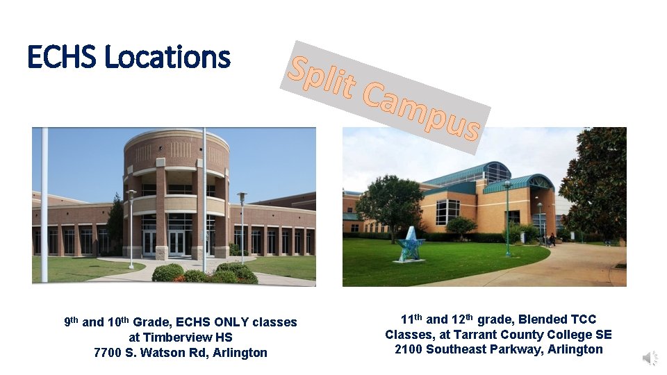 ECHS Locations Split 9 th and 10 th Grade, ECHS ONLY classes at Timberview
