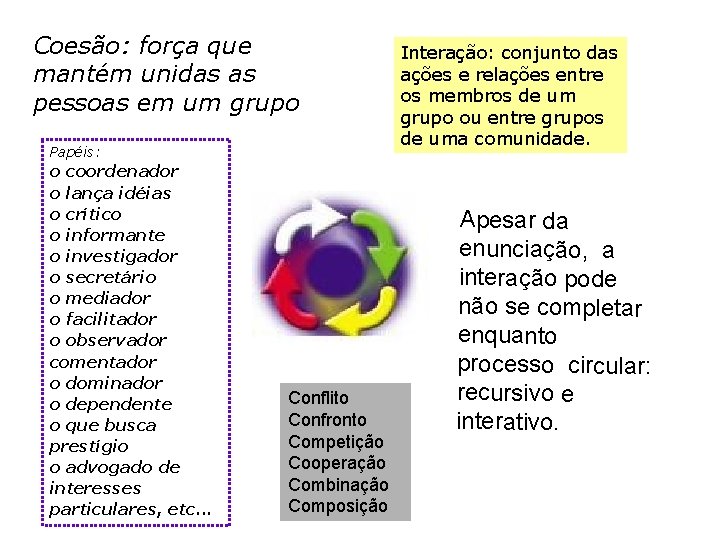 Coesão: força que mantém unidas as pessoas em um grupo Papéis: o coordenador o