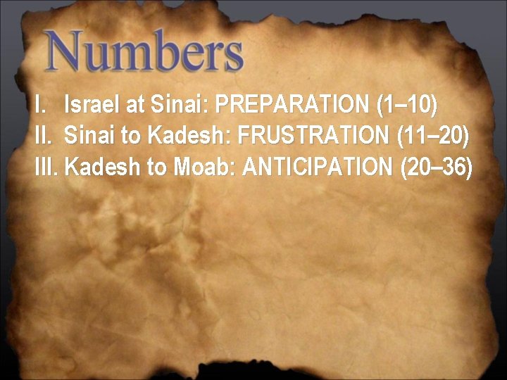 I. Israel at Sinai: PREPARATION (1– 10) II. Sinai to Kadesh: FRUSTRATION (11– 20)
