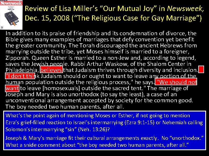 Review of Lisa Miller’s “Our Mutual Joy” in Newsweek, Dec. 15, 2008 (“The Religious
