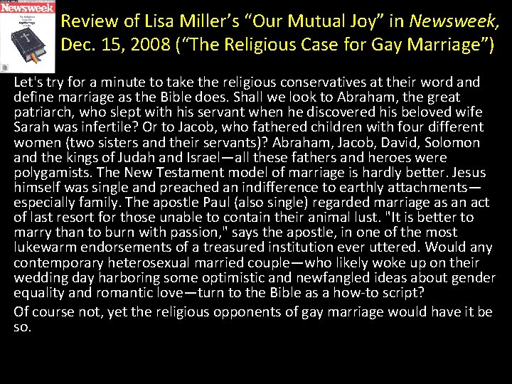 Review of Lisa Miller’s “Our Mutual Joy” in Newsweek, Dec. 15, 2008 (“The Religious