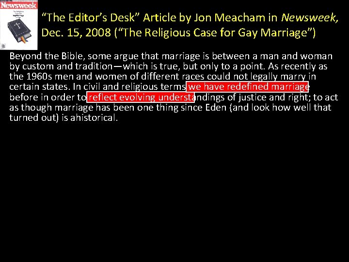 “The Editor’s Desk” Article by Jon Meacham in Newsweek, Dec. 15, 2008 (“The Religious