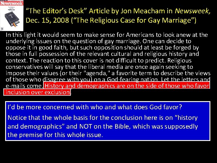 “The Editor’s Desk” Article by Jon Meacham in Newsweek, Dec. 15, 2008 (“The Religious