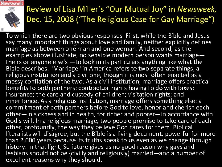 Review of Lisa Miller’s “Our Mutual Joy” in Newsweek, Dec. 15, 2008 (“The Religious