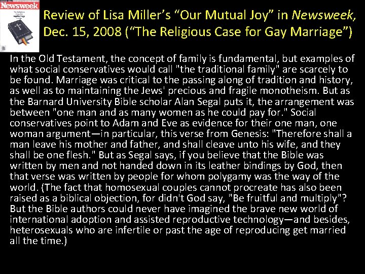 Review of Lisa Miller’s “Our Mutual Joy” in Newsweek, Dec. 15, 2008 (“The Religious