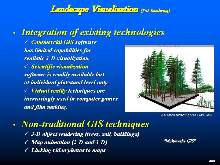 Landscape Visualization (3 -D Rendering) • Integration of existing technologies ü Commercial GIS software