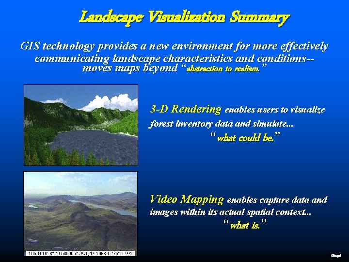 Landscape Visualization Summary GIS technology provides a new environment for more effectively communicating landscape