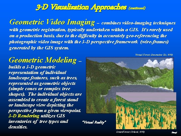 3 -D Visualization Approaches (continued) Geometric Video Imaging -- combines video-imaging techniques with geometric