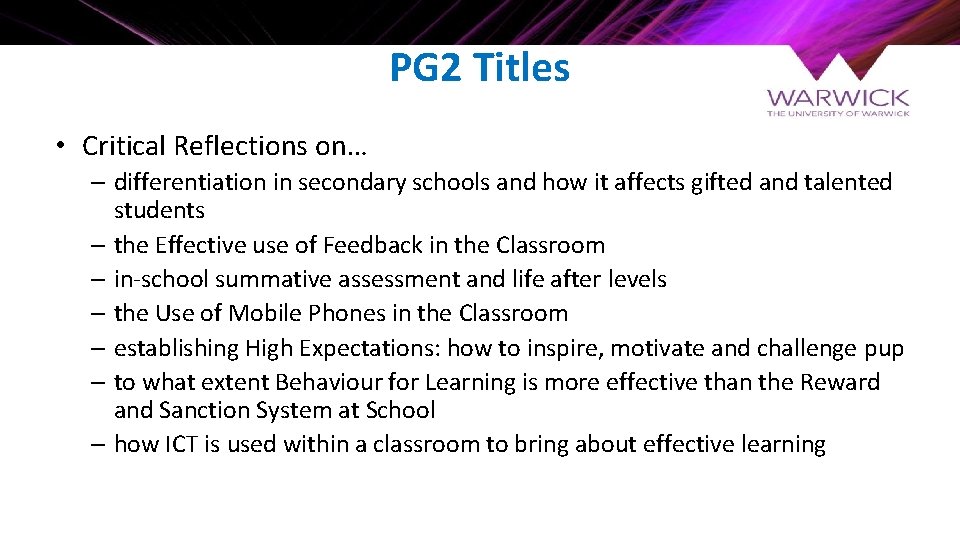 PG 2 Titles • Critical Reflections on… – differentiation in secondary schools and how