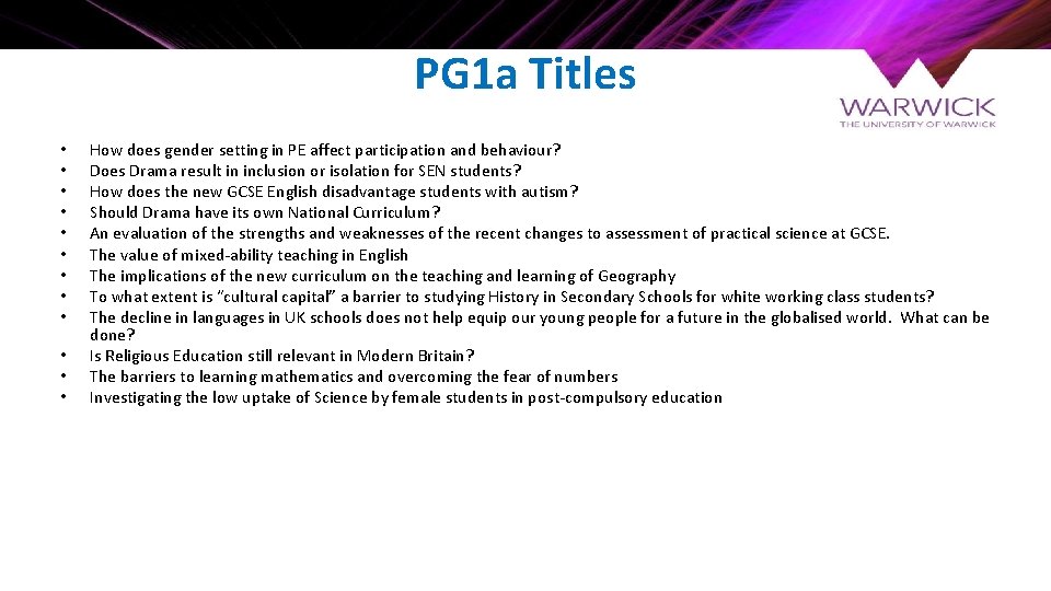 PG 1 a Titles • • • How does gender setting in PE affect
