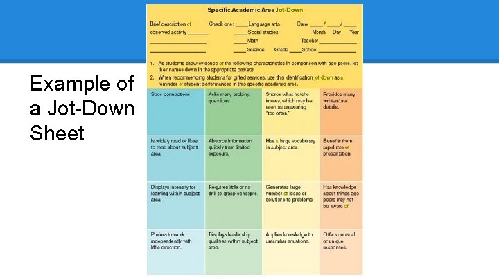 Example of a Jot-Down Sheet 