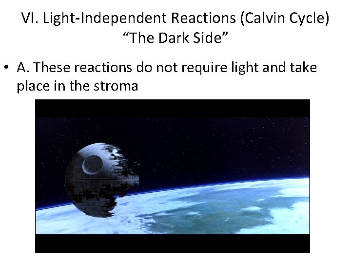 VI. Light-Independent Reactions (Calvin Cycle) “The Dark Side” • A. These reactions do not