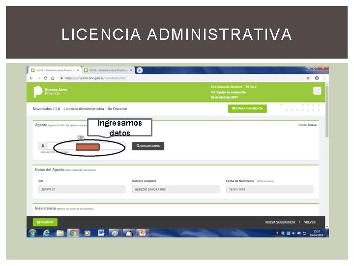 LICENCIA ADMINISTRATIVA Ingresamos datos 