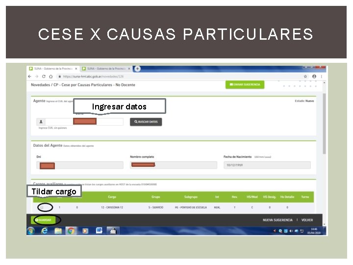 CESE X CAUSAS PARTICULARES Ingresar datos Tildar cargo 