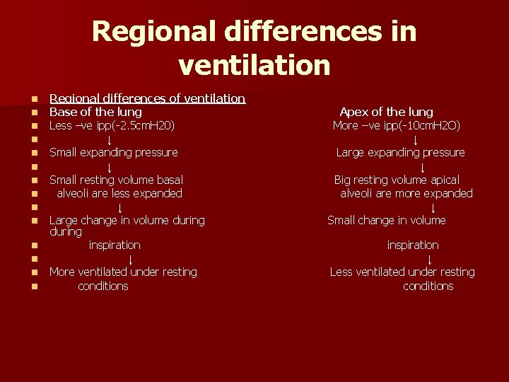 Regional differences in ventilation n n n Regional differences of ventilation Base of the