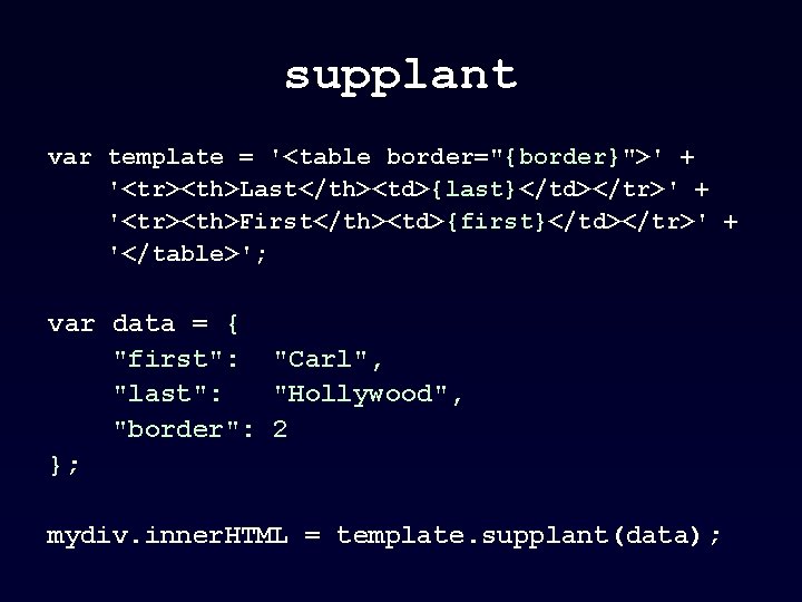 supplant var template = '<table border="{border}">' + '<tr><th>Last</th><td>{last}</td></tr>' + '<tr><th>First</th><td>{first}</td></tr>' + '</table>'; var data