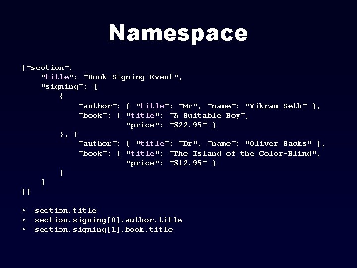 Namespace {"section": "title": "Book-Signing Event", "signing": [ { "author": { "title": "Mr", "name": "Vikram