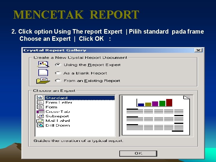 MENCETAK REPORT 2. Click option Using The report Expert | Pilih standard pada frame