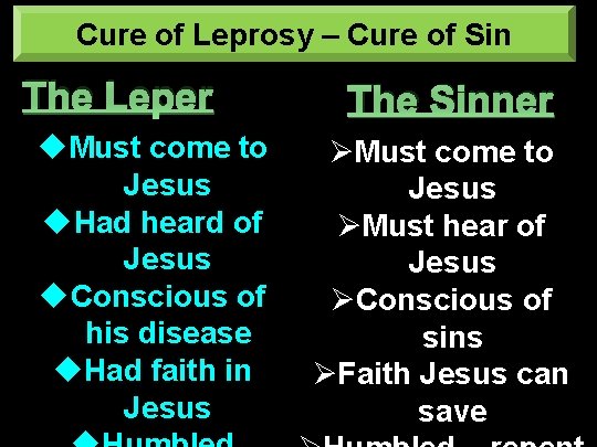 Cure of Leprosy – Cure of Sin The Leper u. Must come to Jesus