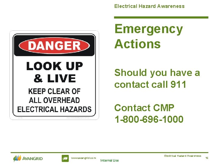 Electrical Hazard Awareness Emergency Actions Should you have a contact call 911 Contact CMP