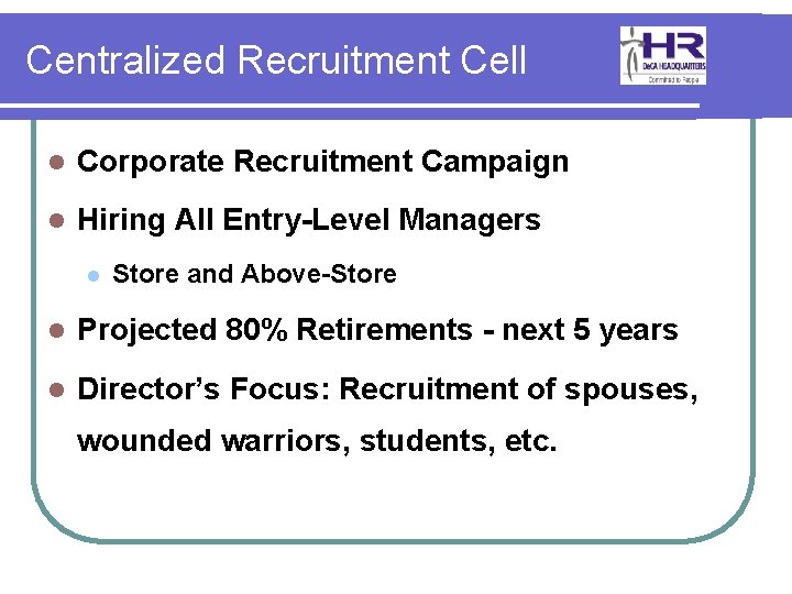 Centralized Recruitment Cell l Corporate Recruitment Campaign l Hiring All Entry-Level Managers l Store