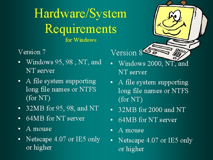 Hardware/System Requirements for Windows Version 7 • Windows 95, 98 , NT, and NT