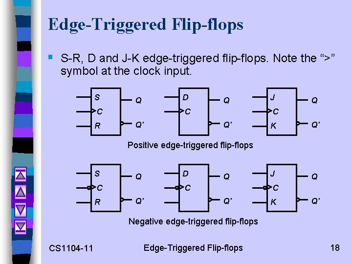 Edge-Triggered Flip-flops § S-R, D and J-K edge-triggered flip-flops. Note the “>” symbol at