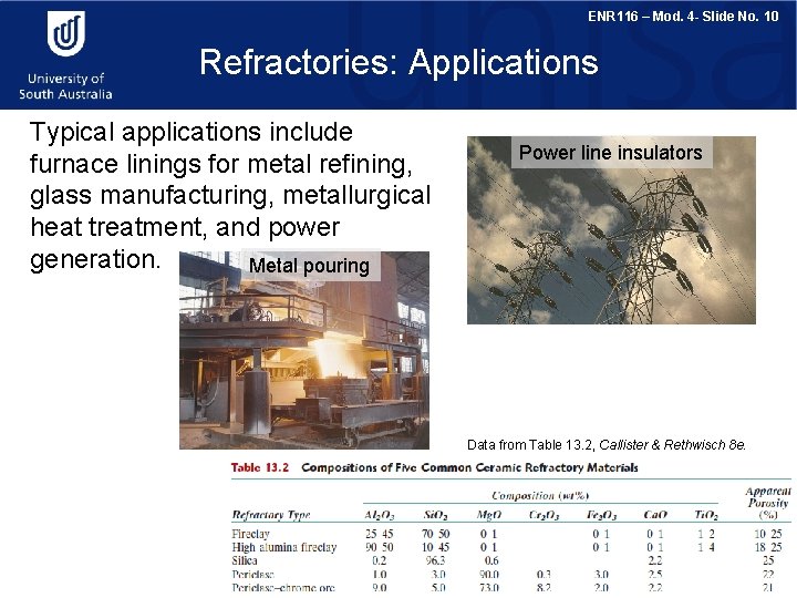 ENR 116 – Mod. 4 - Slide No. 10 Refractories: Applications Typical applications include