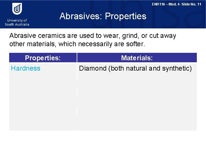 ENR 116 – Mod. 4 - Slide No. 11 Abrasives: Properties Abrasive ceramics are