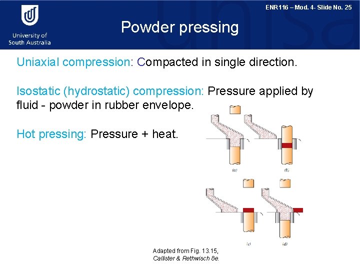 ENR 116 – Mod. 4 - Slide No. 25 Powder pressing Uniaxial compression: Compacted