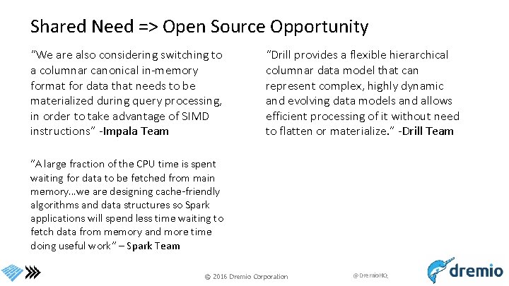 Shared Need => Open Source Opportunity “We are also considering switching to a columnar