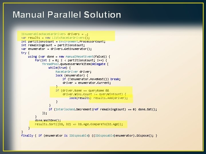 Manual Parallel Solution IEnumerable<Race. Car. Driver> drivers = …; var results = new List<Race.