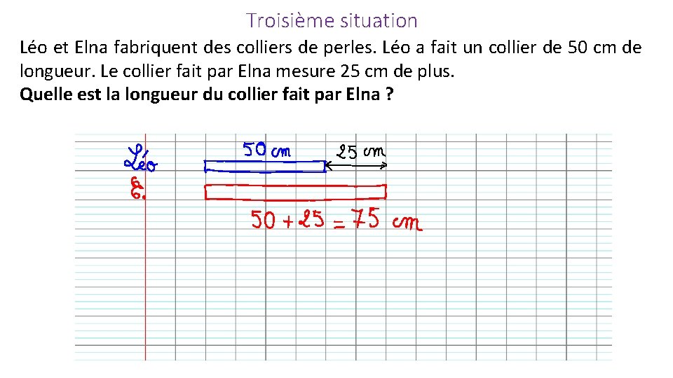 Troisième situation Léo et Elna fabriquent des colliers de perles. Léo a fait un