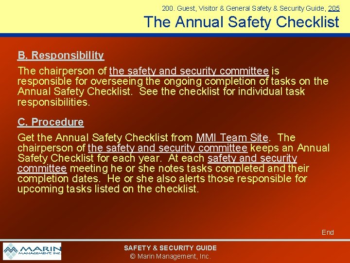 200. Guest, Visitor & General Safety & Security Guide, 205 The Annual Safety Checklist