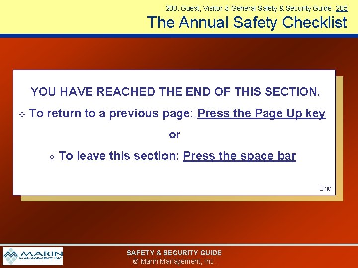 200. Guest, Visitor & General Safety & Security Guide, 205 The Annual Safety Checklist