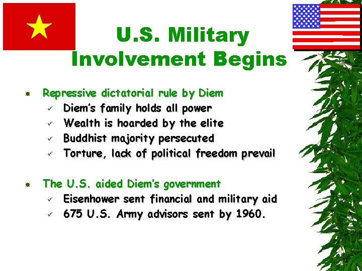 U. S. Military Involvement Begins Repressive dictatorial rule by Diem ü Diem’s family holds