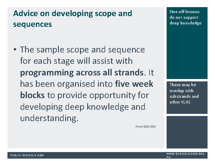 Advice on developing scope and sequences One-off lessons do not support deep knowledge •