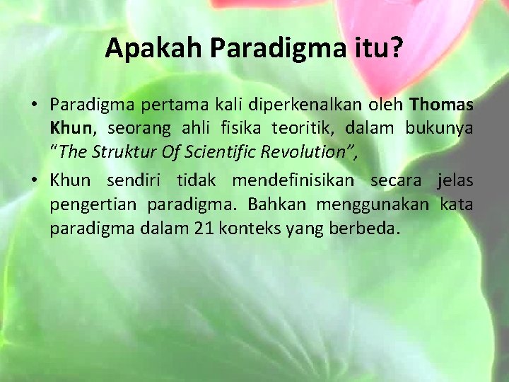 Apakah Paradigma itu? • Paradigma pertama kali diperkenalkan oleh Thomas Khun, seorang ahli fisika