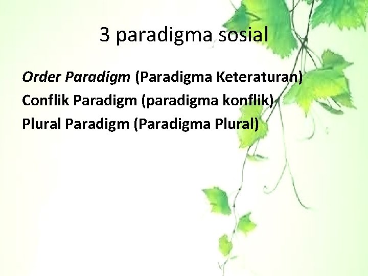 3 paradigma sosial Order Paradigm (Paradigma Keteraturan) Conflik Paradigm (paradigma konflik) Plural Paradigm (Paradigma